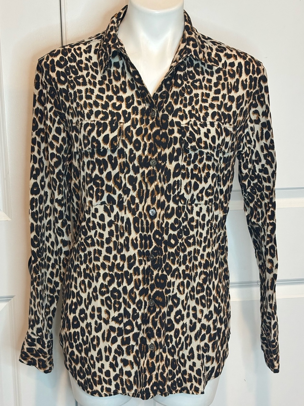 Equipment Femme White Tan Black Leopard Animal Print Silk Button Front Shirt S